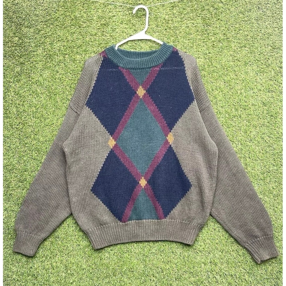 Vintage New River Cable Knit Sweater Mens Medium Grandpa Dad Argyle Plaid 90s